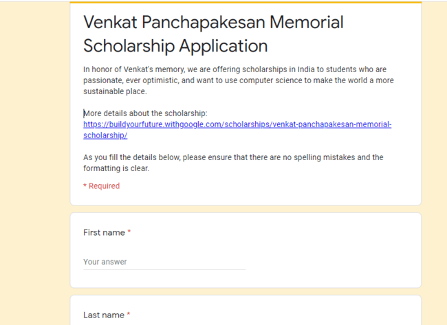 Google Venkat Panchapakesan Memorial Scholarship Application Form 