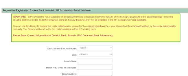 Request for Registration for New Bank branch in MP Scholarship Portal Database