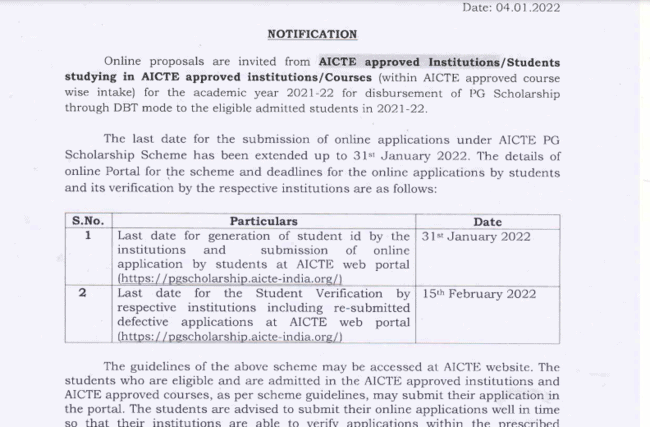 AICTE PG Scholarship Last Date Extended