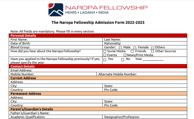 Naropa Fellowship Application Form 