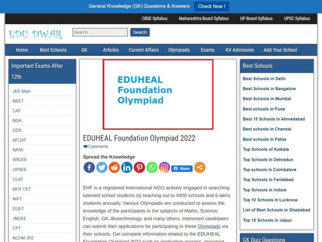 Online Registration Form for EDUHEAL Foundation Olympiad 2022