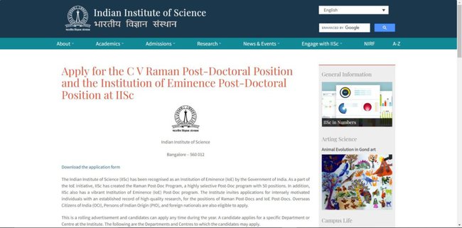 Application Procedure for CV Raman Post-Doctoral Fellowship