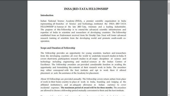 INSA-JRD TATA Fellowship 2022 Application Procedure