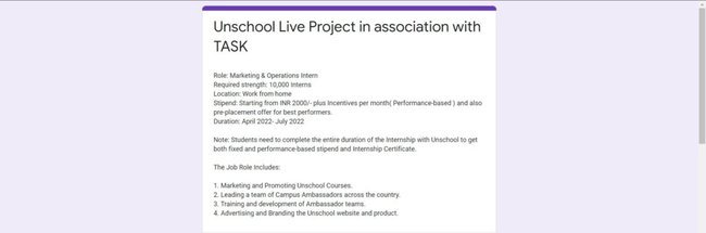 TASK-Unschool Internship Program 2022 Application Procedure