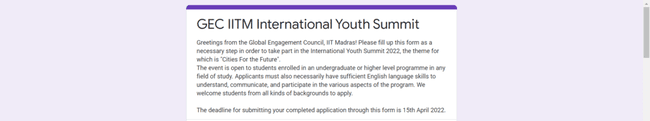Application procedure for IIT Madras International Youth Summit 2022