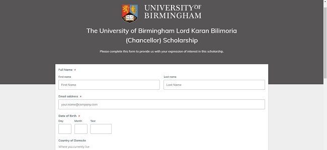 University of Birmingham Chancellor’s Scholarship Application Form
