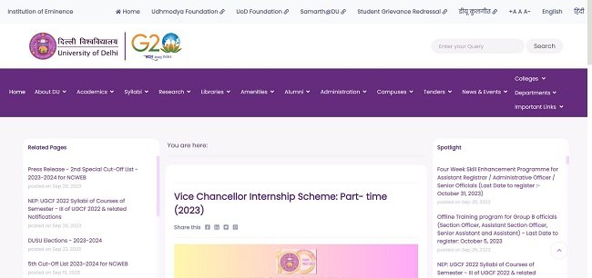 Find DU Vice Chancellor Internship