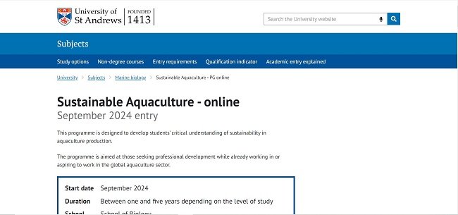 University of St Andrews Aquaculture Scholarship Official Website