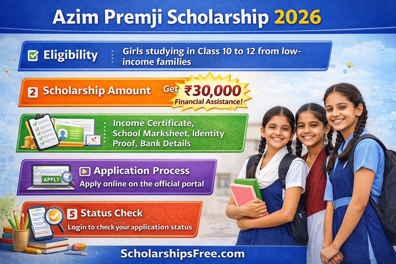 Azim Premji Scholarship 2026 infographic showing ₹30,000 financial assistance, eligibility for Class 10 to 12 girls, required documents, application process, and status check details