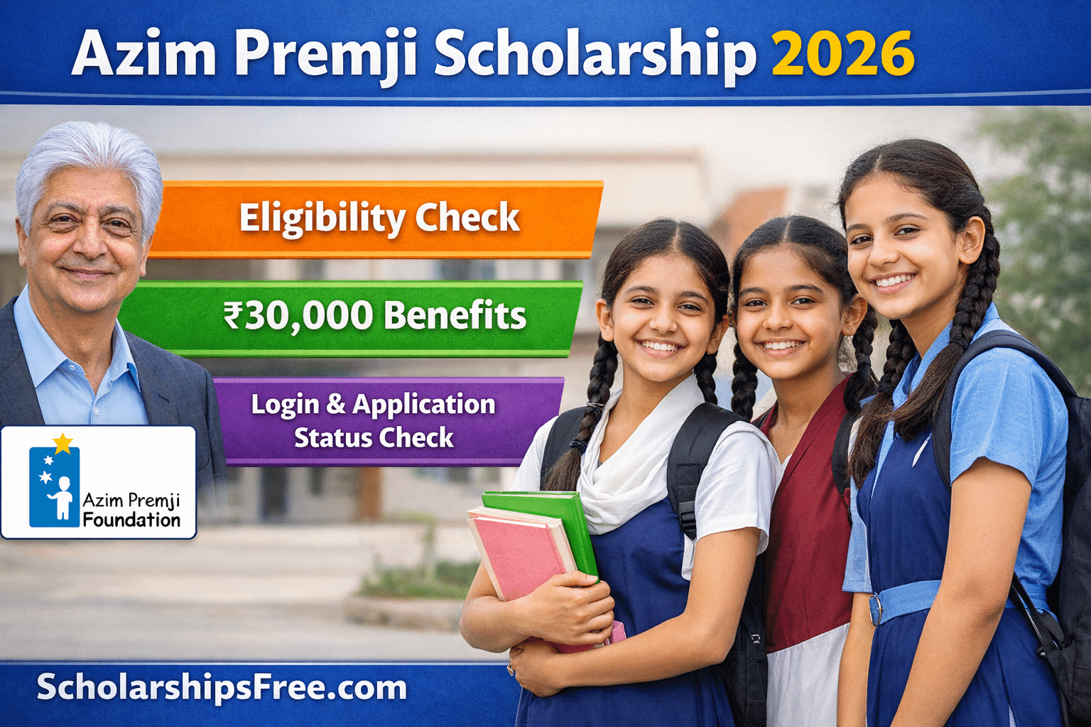 Azim Premji Scholarship 2026 banner showing eligibility check, ₹30,000 benefits, login and application status check for Class 10 to 12 girls by Azim Premji Foundation
