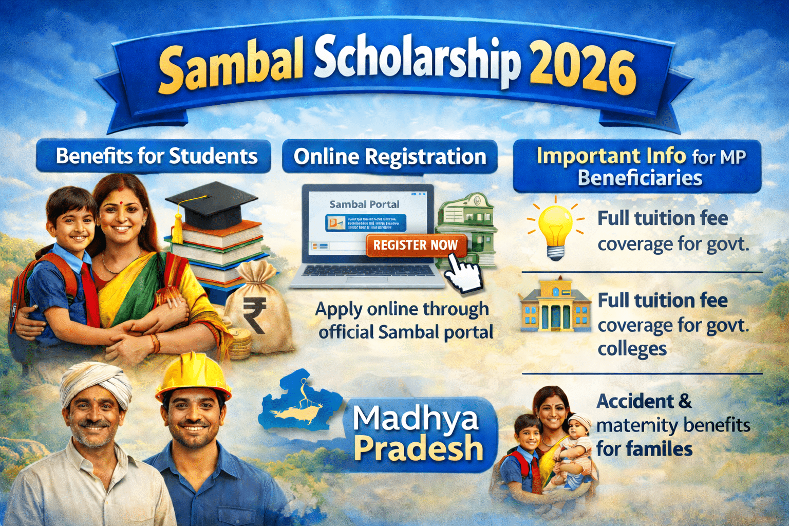 Sambal Scholarship 2026 infographic showing Madhya Pradesh beneficiaries with education assistance, tuition fee coverage, online registration and social welfare benefits.