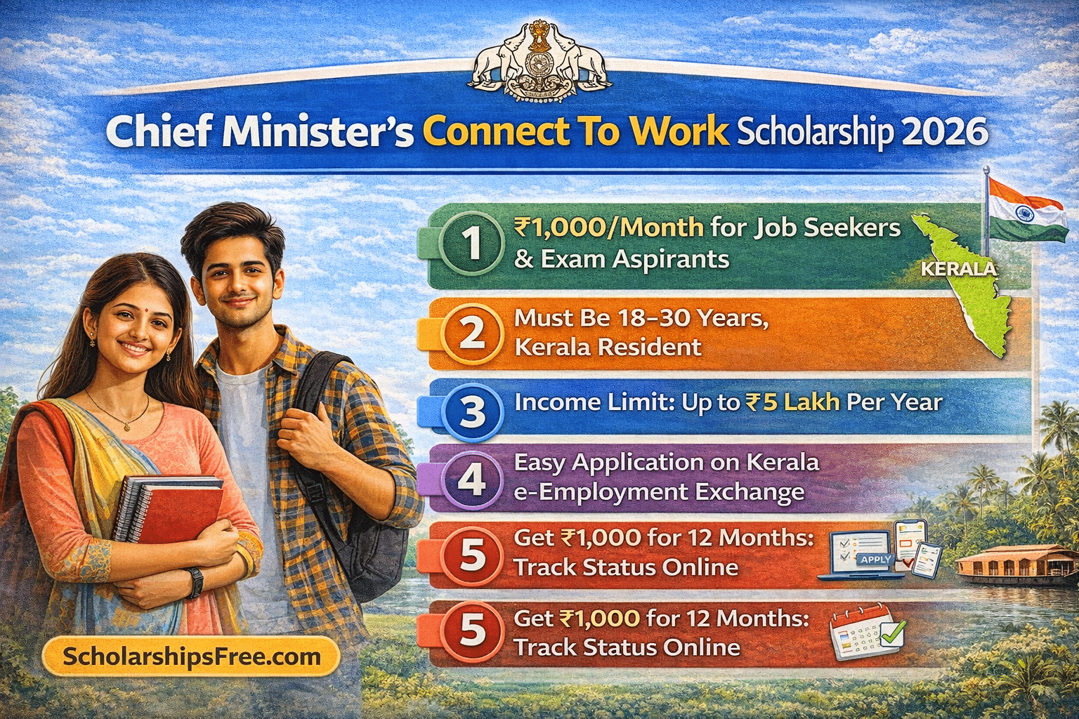 Chief Minister’s Connect To Work Scholarship 2026 infographic showing Kerala youth with details about ₹1,000 monthly scholarship, eligibility rules, income limit and online application process.