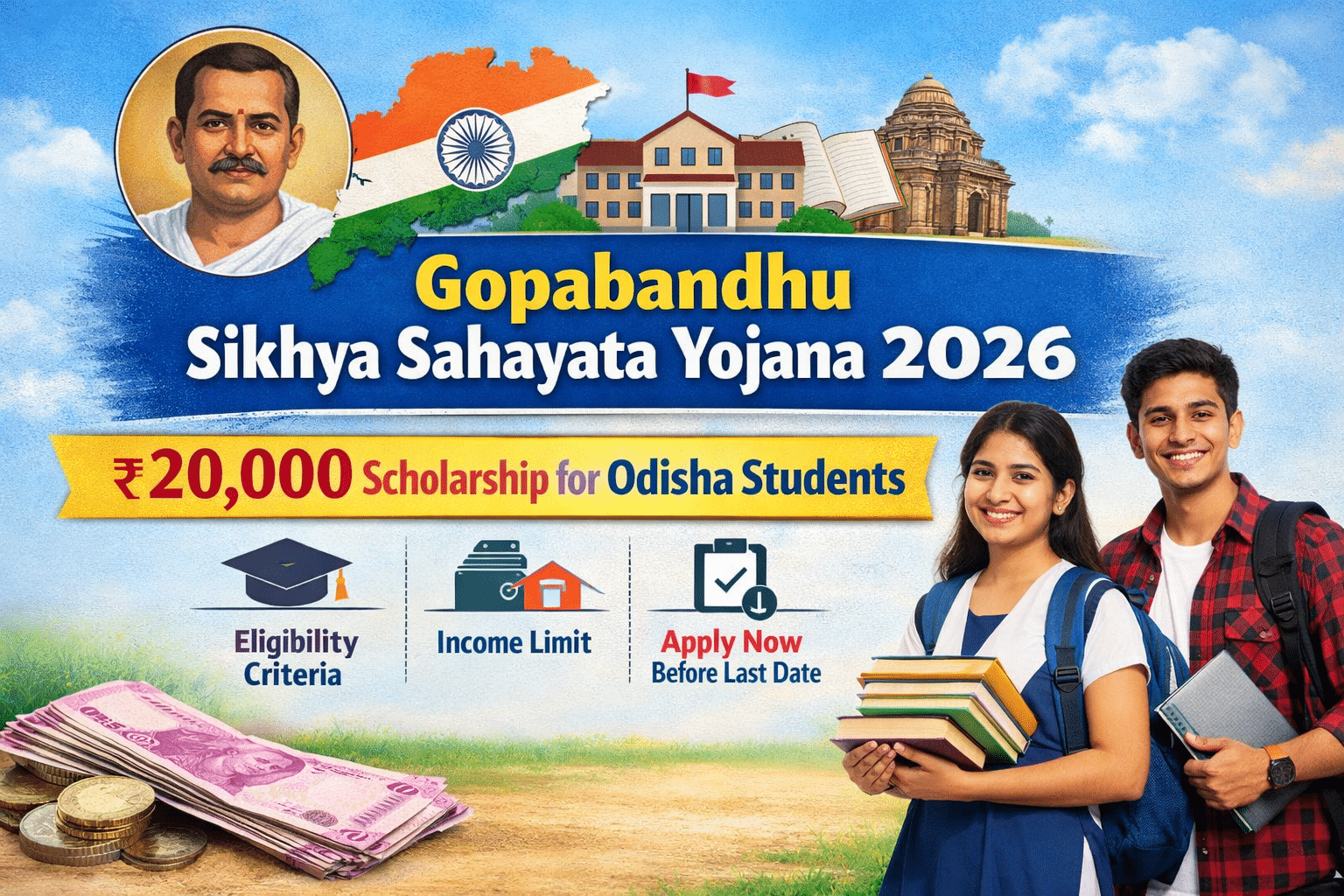 Gopabandhu Sikhya Sahayata Yojana 2026: ₹20,000 Scholarship for Students-Eligibility, Income Limit & Apply Now Before Last Date Gopabandhu Sikhya Sahayata Yojana 2026 scholarship poster showing ₹20,000 financial assistance for Odisha students with eligibility criteria, income limit details and apply before last date information.