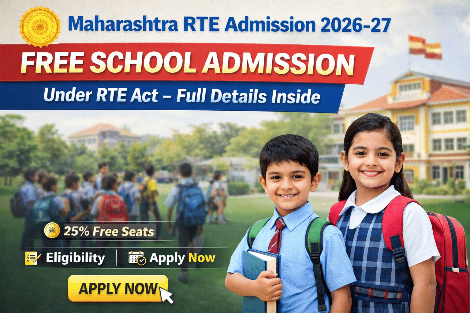 Maharashtra RTE Admission 2026-27 banner showing 25 percent free school seats under RTE Act with apply online option and smiling school children.