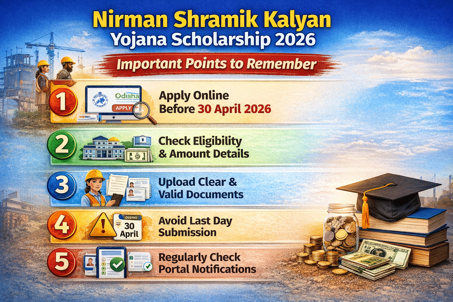 Nirman Shramik Kalyan Yojana Scholarship 2026 infographic showing last date 30 April 2026, eligibility, amount details, documents upload and benefits for Odisha students