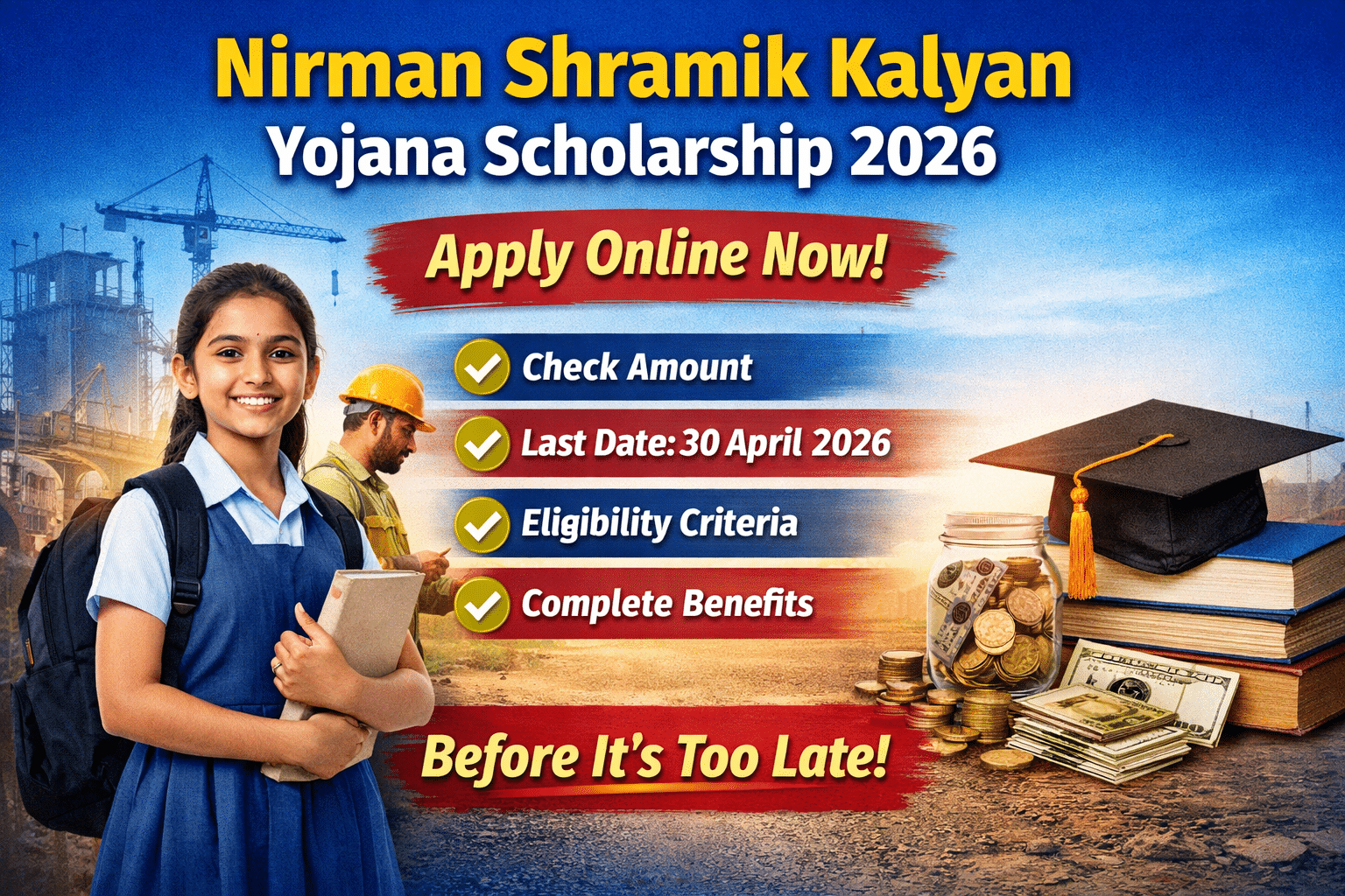 Nirman Shramik Kalyan Yojana Scholarship 2026 banner showing apply online, last date 30 April 2026, amount details and benefits for Odisha construction workers children