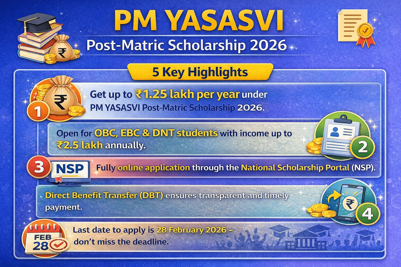 PM YASASVI Post-Matric Scholarship 2026: Apply Online, ₹1.25 Lakh Benefit, Eligibility & Last Date Infographic of PM YASASVI Post-Matric Scholarship 2026 showing ₹1.25 lakh scholarship amount, OBC eligibility criteria, apply online via NSP, DBT payment system, and last date 28 February 2026.