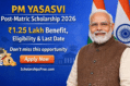 PM YASASVI Post-Matric Scholarship 2026 banner showing ₹1.25 lakh benefit, eligibility details, last date 28 February 2026, Apply Now button and ScholarshipArena.com branding.