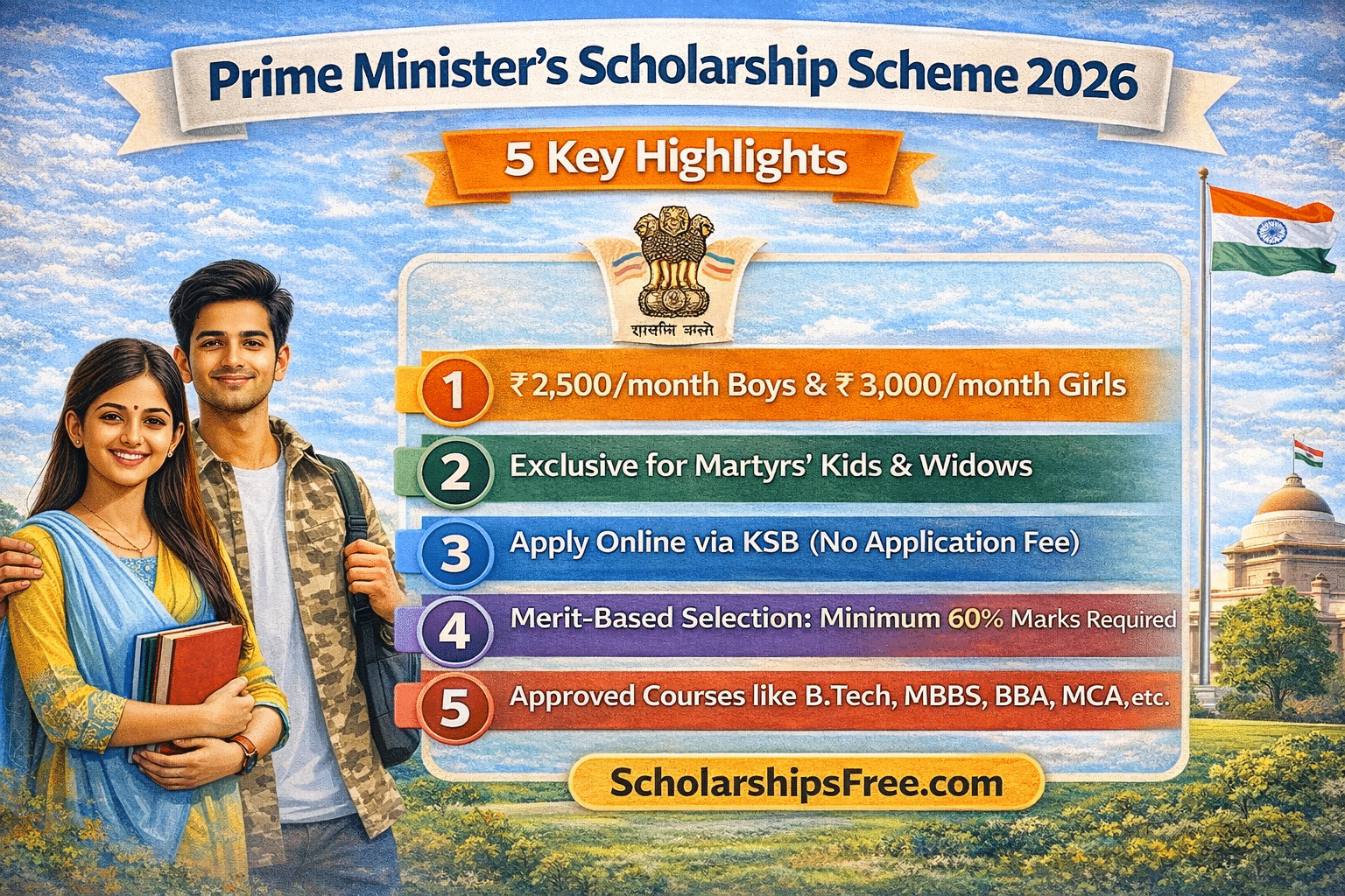 PM Scholarship Scheme 2026 : Apply Online, Eligibility, Amount, Last Date & Renewal Rules Prime Minister’s Scholarship Scheme 2026 infographic showing male and female students with details about scholarship amount, eligibility for Ex-Servicemen wards, merit requirement and KSB online application process.