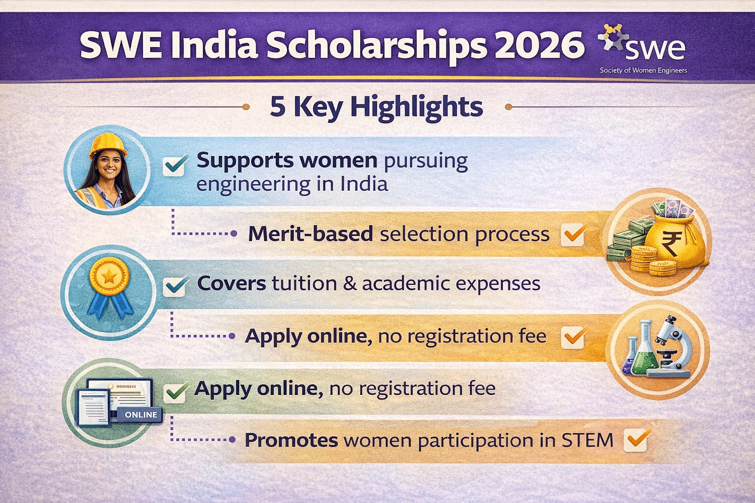 SWE India Scholarships 2026 infographic showing five key highlights including support for women engineers, tuition coverage, merit-based selection and online application process.