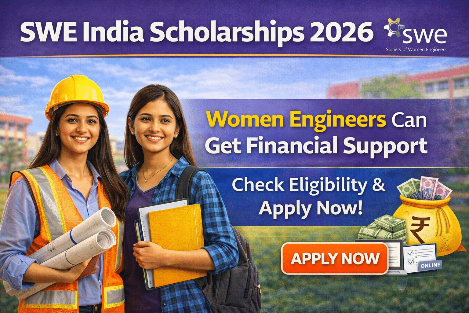 SWE India Scholarships 2026 promotional image showing women engineering students with financial support message and apply online call to action.