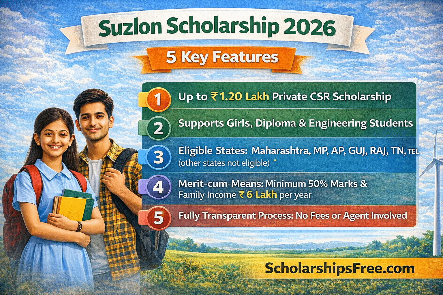 Suzlon Scholarship 2026 infographic showing two students with details about scholarship amount up to ₹1.20 lakh, eligibility states, merit criteria and transparent application process.