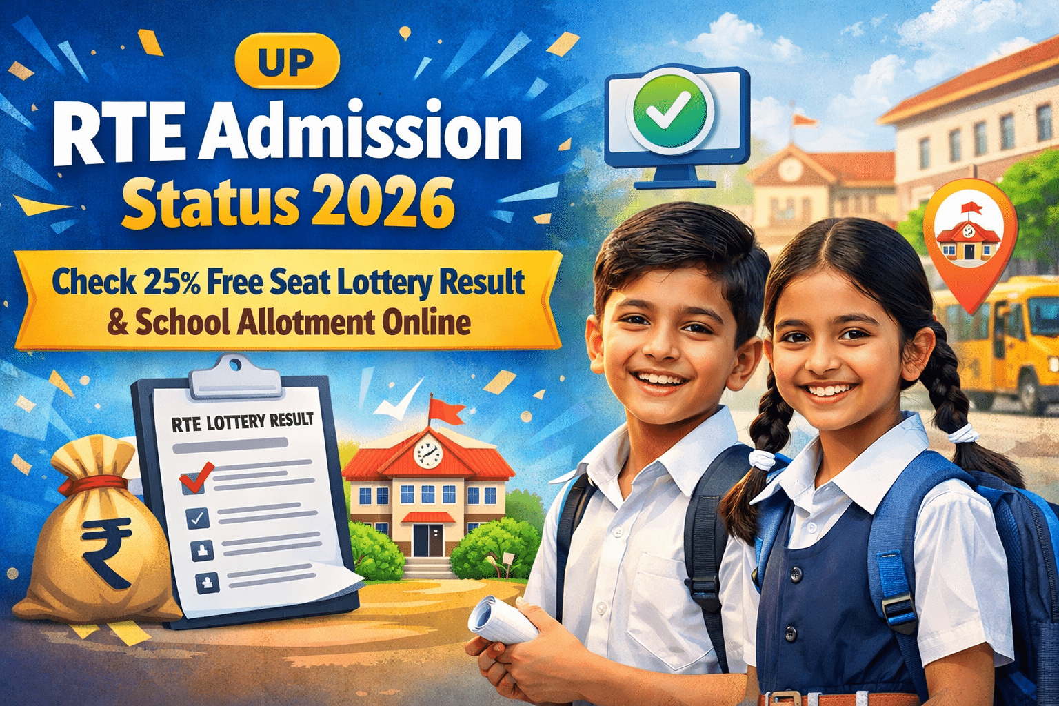 UP RTE Admission 2026: Check 25% Free Seat Lottery Result & School Allotment Online Illustration of UP RTE Admission Status 2026 showing 25% free seat lottery result, school allotment check online, and smiling school children with school building background.