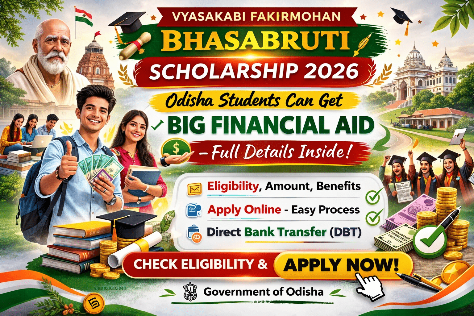 Vyasakabi Fakirmohan Bhasabruti Scholarship 2026: Odisha Students Can Get Big Financial Aid – Full Details Inside! Vyasakabi Fakirmohan Bhasabruti Scholarship 2026 poster showing Odisha students, eligibility, amount details, apply online process and DBT financial aid information.