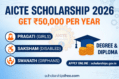 AICTE Scholarship 2026 — Pragati, Saksham & Swanath ₹50,000/Year AICTE Scholarship 2026 poster showing Pragati for girls, Saksham for disabled and Swanath for orphans with ₹50,000 per year benefit and apply online at scholarships.gov.in