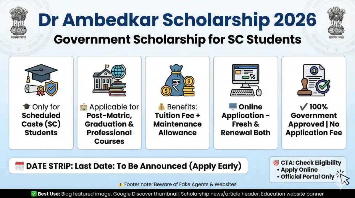 Dr Ambedkar Scholarship 2026 infographic showing Punjab Government scholarship for SC students with eligibility, benefits, online application, and tuition fee plus maintenance allowance details.