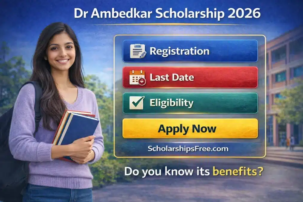 Dr Ambedkar Scholarship 2026 poster showing an Indian female student on a college campus with registration, last date, eligibility, and apply now details.
