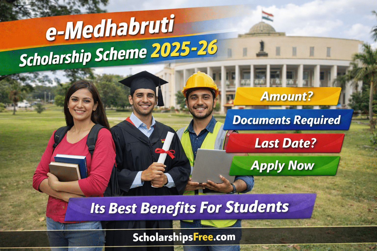 e-Medhabruti Scholarship Scheme 2025-26 Odisha banner with UG, PG and technical students, apply online, amount, last date and benefits information