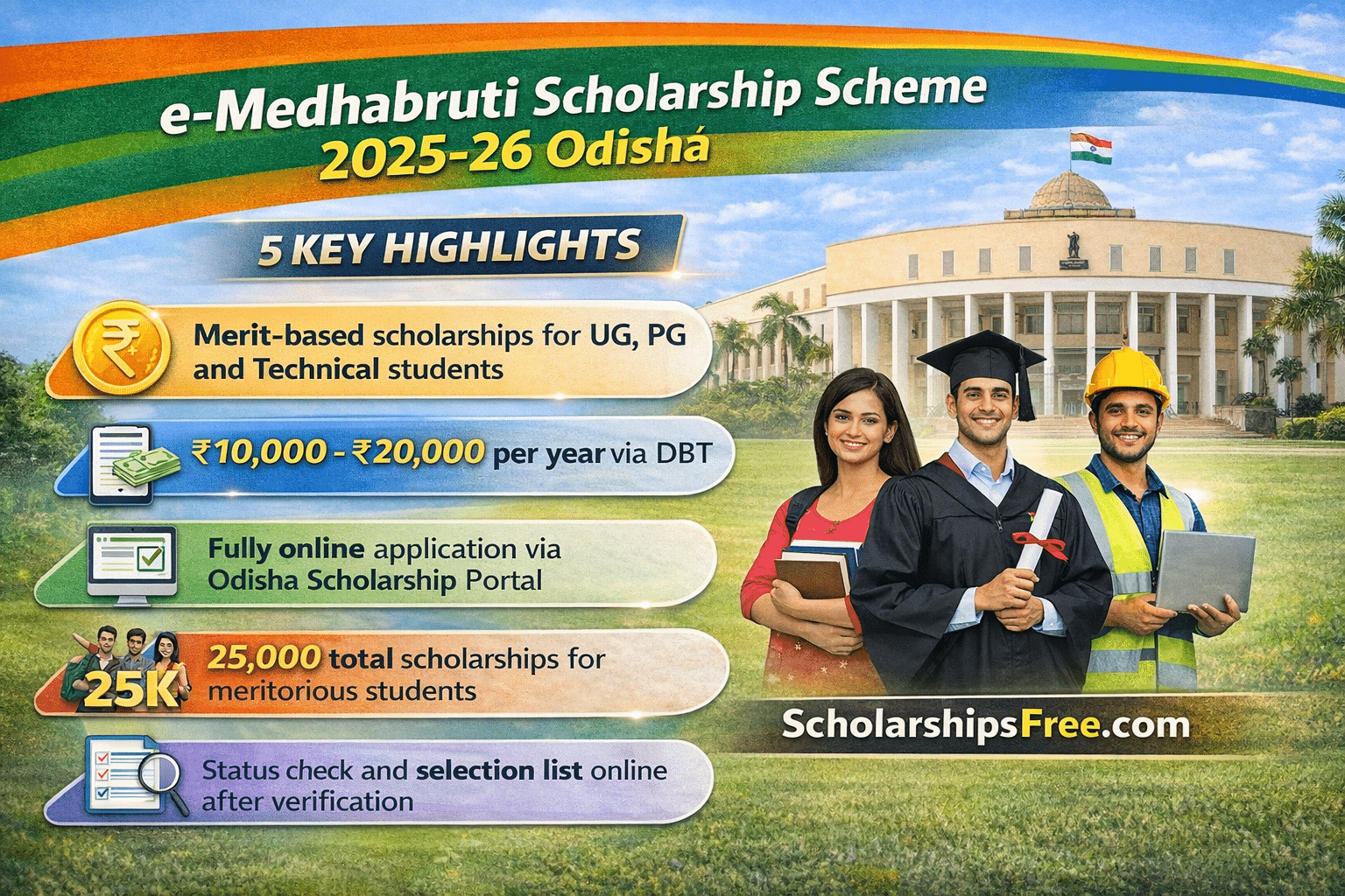 e-Medhabruti Scholarship Scheme 2025-26 Odisha infographic showing ₹10,000 to ₹20,000 amount, 25,000 scholarships, apply online, status check and key benefits