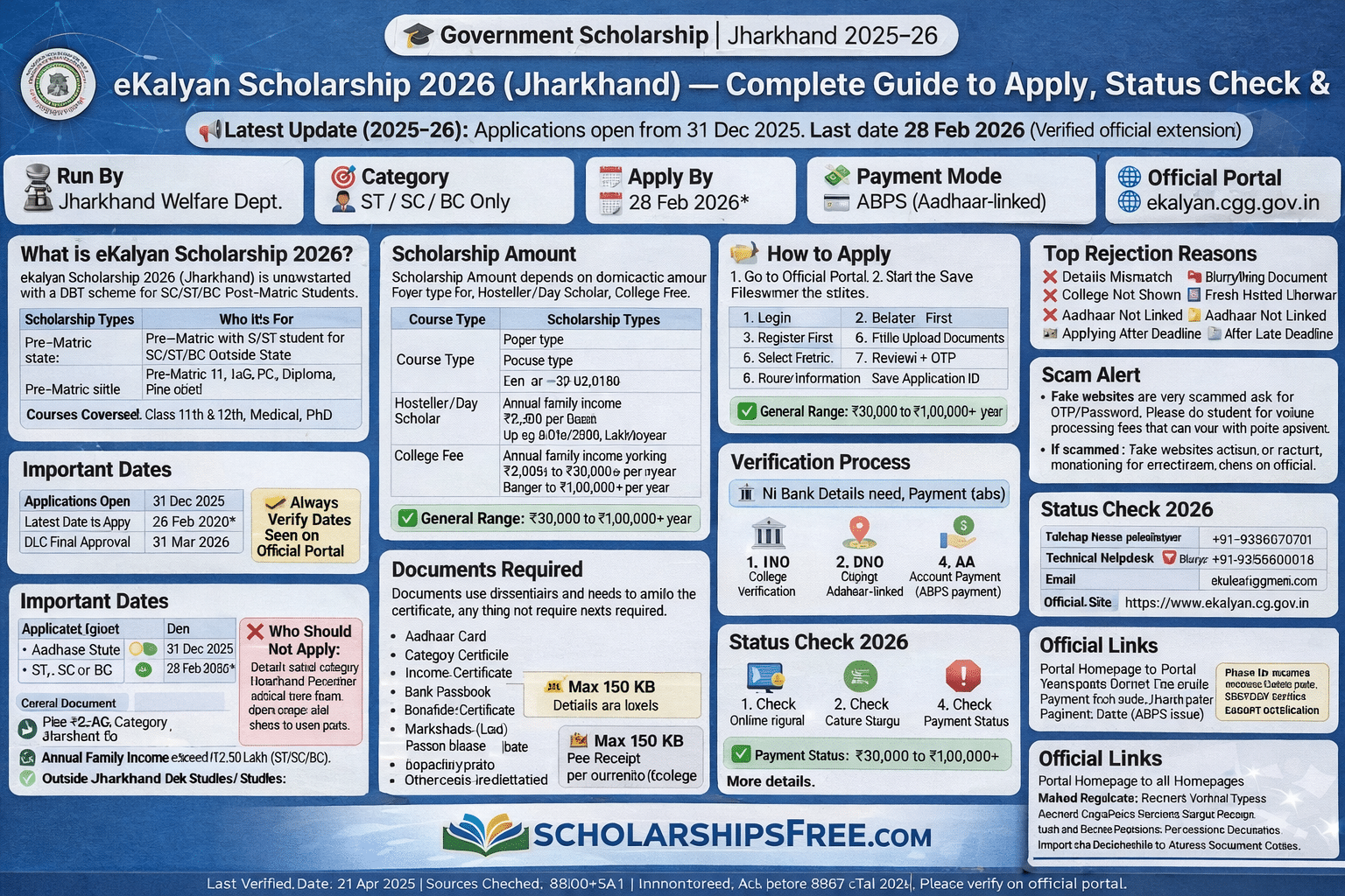 eKalyan Scholarship 2026 Jharkhand infographic showing eligibility, scholarship amount ₹30,000 to ₹1,00,000+, last date, status check and payment process.