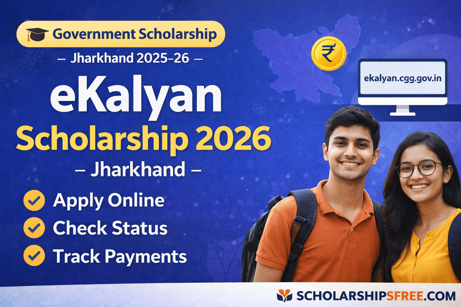 eKalyan Scholarship 2026 Jharkhand thumbnail showing apply online, status check and payment tracking guide on ScholarshipArena.com