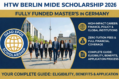 Infographic announcing the HTW Berlin MIDE Scholarship 2026 for a fully funded master's in Germany, featuring a group of business professionals in Berlin, the DAAD EPOS logo, and key benefits.