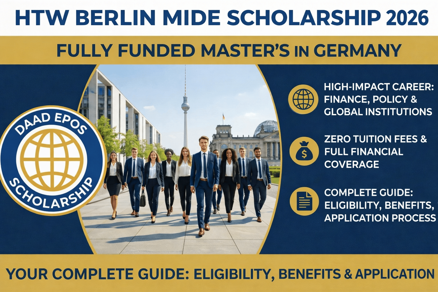  Infographic announcing the HTW Berlin MIDE Scholarship 2026 for a fully funded master's in Germany, featuring a group of business professionals in Berlin, the DAAD EPOS logo, and key benefits.