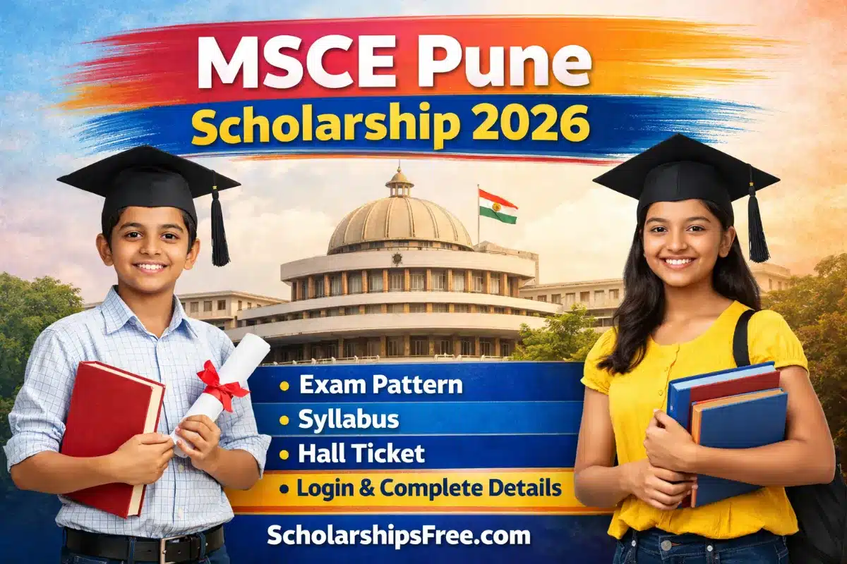 MSCE Pune Scholarship 2026 poster showing two students in graduation caps in front of Pune Vidhan Sabha with exam pattern, syllabus, hall ticket and login details mentioned.