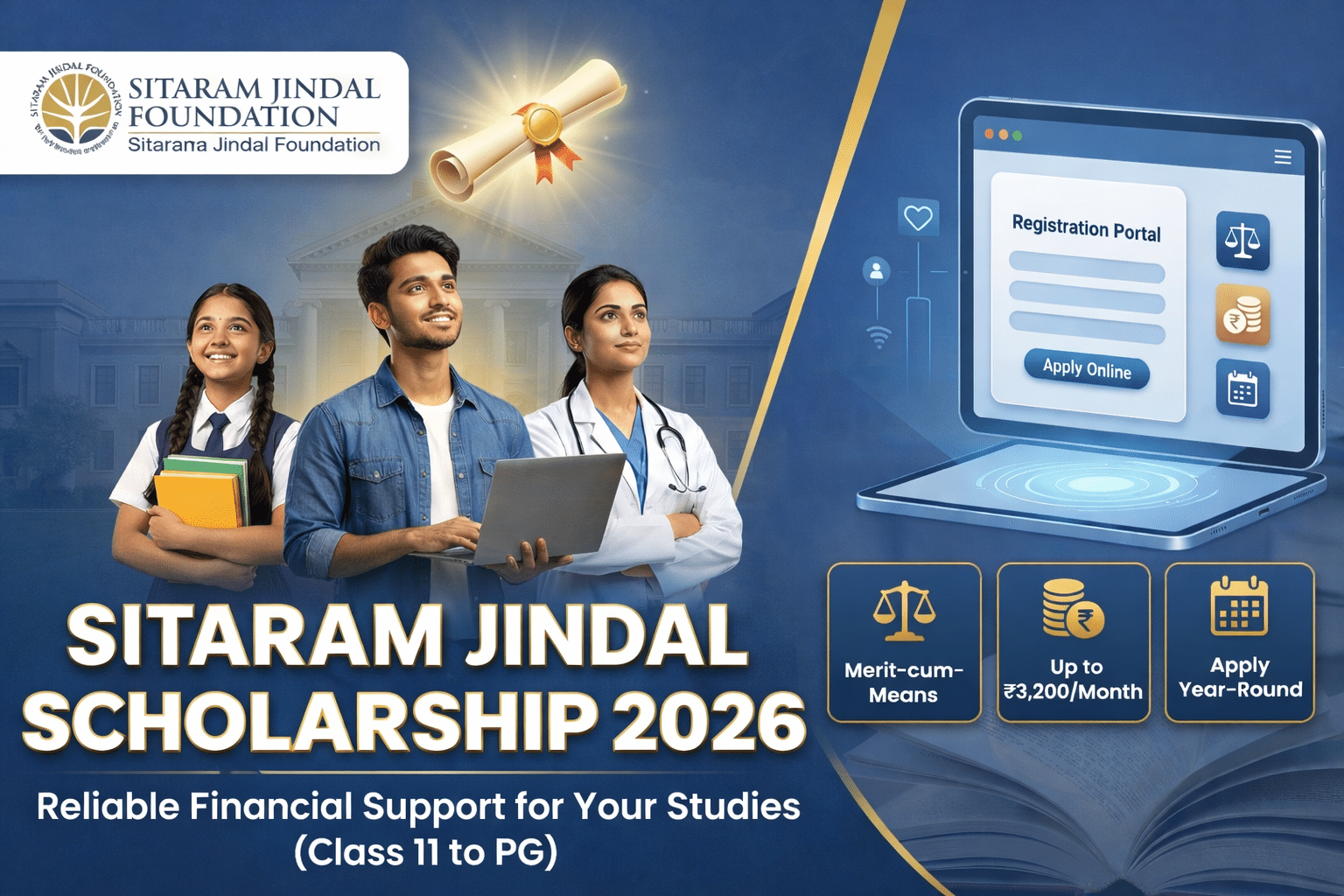 Sitaram Jindal Scholarship 2026 guide covering eligibility criteria, monthly scholarship amounts up to ₹3,200, and the step-by-step new online portal application process.