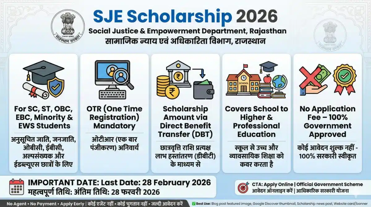 SJE Scholarship 2026 infographic by Rajasthan Social Justice and Empowerment Department showing eligibility for SC ST OBC EBC Minority students, OTR mandatory, DBT scholarship amount, education coverage, and last date 28 February 2026.