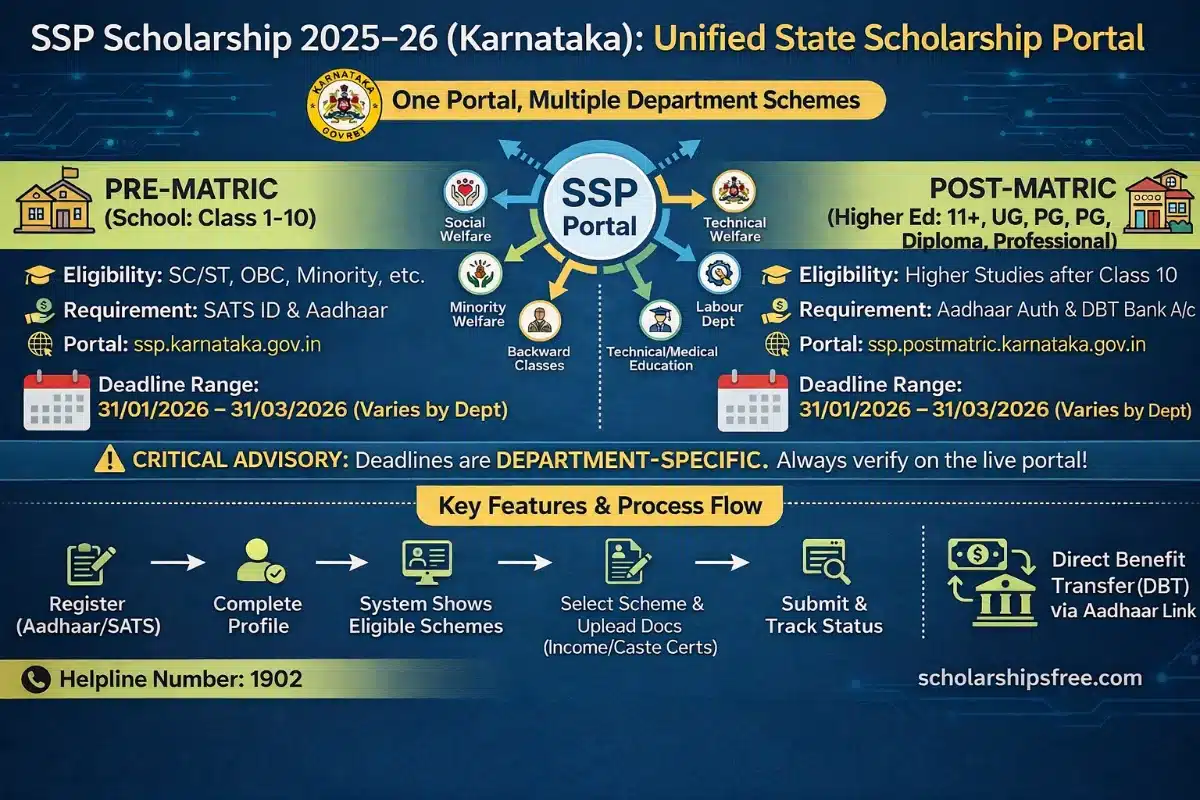 Infographic illustrating the SSP Scholarship 2025–26 (Karnataka) Unified State Scholarship Portal. It details the unified portal structure linking various departments like Social Welfare and Minority Welfare. It differentiates between Pre-Matric (school level) and Post-Matric (higher education) eligibility, portal URLs, required documents like SATS and Aadhaar, and department-wise deadline ranges. The bottom section shows a step-by-step application process flow ending with DBT (Direct Benefit Transfer).
