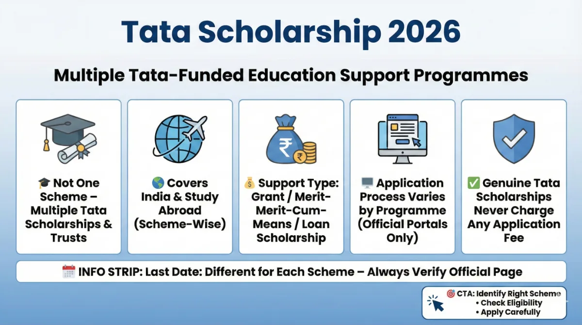 Tata Scholarship 2026 infographic showing multiple Tata-funded education programs, coverage for India and study abroad, grant and merit-cum-means support types, scheme-wise application process, and genuine Tata scholarships with no application fee.