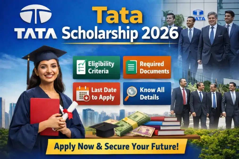 Tata Scholarship 2026 official poster with Tata logo, eligibility criteria, required documents, last date to apply, and Tata Group background for Indian students