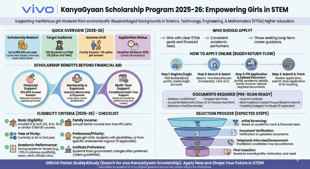 vivo KanyaGyaan Scholarship Program 2025-26 — ₹60,000 Reward, Eligibility, Last Date & How to Apply Infographic detailing the vivo KanyaGyaan Scholarship Program 2025-26 for girl students in STEM. It highlights the ₹60,000 reward, eligibility criteria including family income under ₹5 Lakhs for 1st/2nd year UG students, benefits like mentorship, documents required, the selection process funnel, and a step-by-step guide to apply online via the Buddy4Study portal before the deadline of March 3, 2026.